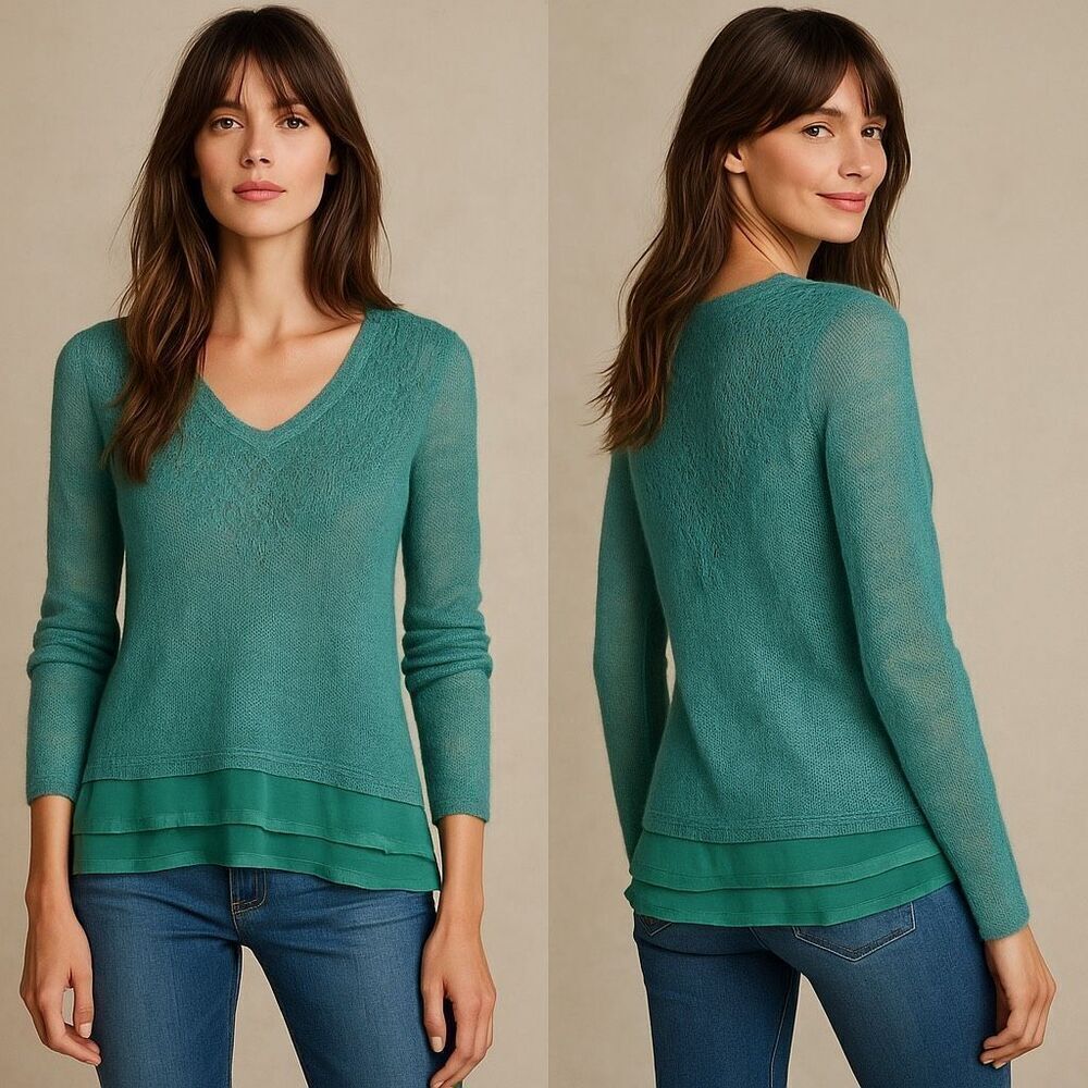 Anthropologie Knitted & Knotted Irina Green Layered Alpaca Blend Sweater M NWT